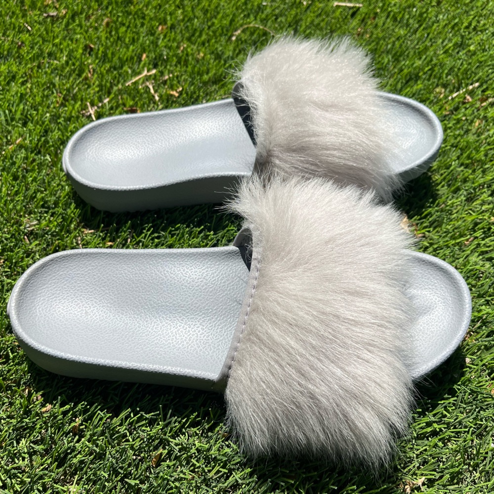 UGG Plush Genuine Fur Slide Sandals in Light Gray